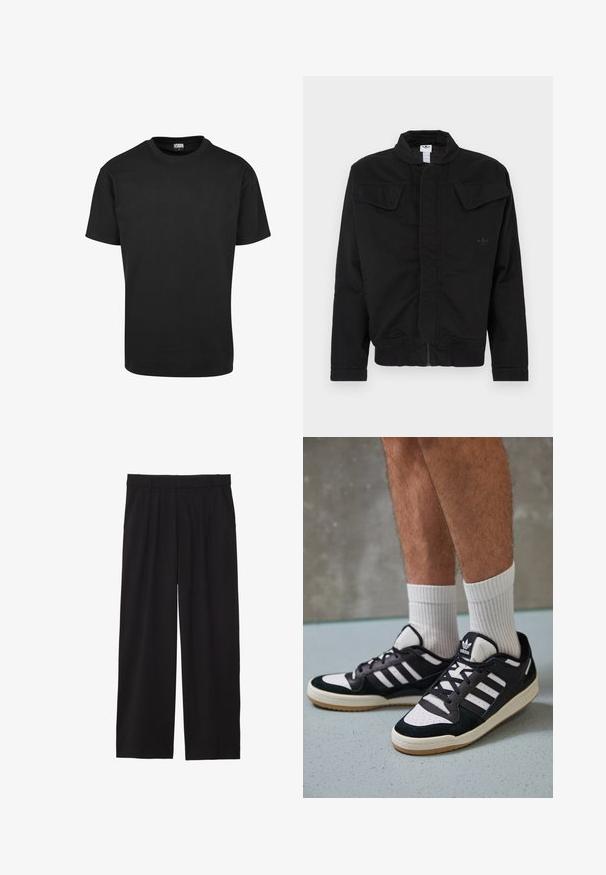 Musta takki kestävästä kankaasta, jossa on korkea kaulus, kaksi etutaskua läpällä, resorit hihansuuissa ja hillitty brändin logo rinnassa.; Musta puuvillainen T-paita, jossa on pyöreä kaula-aukko, lyhyet hihat ja suora helma. Sileä rakenne; yksinkertainen, koristelematon muotoilu.; Mustat väljät housut, joissa on laskostettu etuosa, sivutaskut ja sileä kankaan rakenne. Suunniteltu rentoa istuvuutta varten.; Valkoiset ja mustat tennarit, joissa on mokkanahka- ja nahkapäällinen, kolme valkoista raitaa, rei'itetty kärki ja kumipohja.