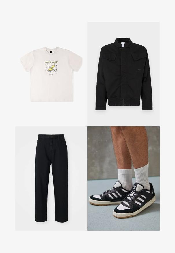 Crna jakna od izdržljivog tkanina, s visokim ovratnikom, dva prednja džepa s preklopom, rebrastim manšetama i suptilnim logotipom brenda na prsima.; Bijela pamučna majica s grafikom žutog ptice i tekstom "OSLOBODI SE!" u crnoj boji. Kratki rukavi i ležeran kroj.; Crne traperice ravnog kroja. Imaju klasičan dizajn s pet džepova, zatvaranje na gumb i suptilnu teksturu tkanine.; Crne i bijele tenisice s gornjim dijelom od antilopa i kože, s tri bijele pruge, perforiranim prstom i gumiranim potplatom.
