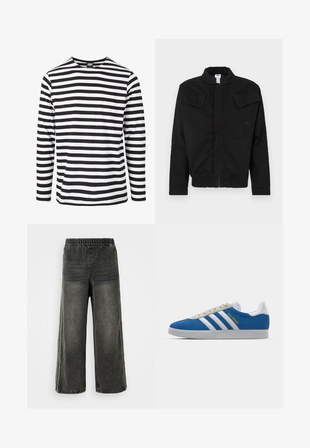 Zwarte jas gemaakt van duurzaam materiaal, met een hoge kraag, twee klepzakken aan de voorkant, geribde manchetten en een subtiel merkembleem op de borst.; Zwart-wit gestreepte blouse met lange mouwen en een ronde hals, gemaakt van zacht materiaal, met horizontale strepen van gelijke breedte.; Zwart gewassen denim broek met elastische tailleband en brede pijpen, met subtiele verticale naaddetails aan de zijkanten.; adidas Originals ADIDAS GAZELLE SHOES - Zaalvoetbalschoenen - real madrid/bluebird/footwear white/crew yellow