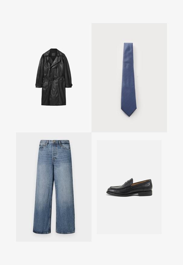 Czarny skórzany płaszcz trench z podwójnym zapięciem, szerokimi klapami, paskiem w talii i mankietami zapinanymi na guziki. Gładka faktura, długość do kolan.; Biała koszulka polo wykonana z materiału polo, z kołnierzykiem, krótkimi rękawami i prostym krojem z zapięciem na trzy guziki.; Szerokie niebieskie dżinsy z przetarciami, pięcioma kieszeniami i zapięciem na guzik. Wyposażone w szlufki na pasek i przeszycia dekoracyjne.; Czarne skórzane mokasyny o gładkim wykończeniu, zaokrąglonym nosku i dekoracyjnym przeszyciu na cholewce. Niski, warstwowy obcas i delikatny połysk.; Niebieski krawat w paski z diagonalnym wzorem, wykonany z gładkiego materiału z ostrym końcem. Paski naprzemiennie występują w nieco ciemniejszym odcieniu.