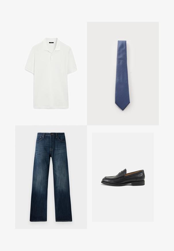 Sort læder trench coat med dobbeltradet design, brede revers, bælte i taljen og knap-lukkede ærmer. Glat tekstur, knælang.; Hvid kortærmet polo skjorte lavet af glat bomuldsstof. Har en klassisk krave med to knapper og en lige kant.; Mørkeblå denimjeans med lige ben, der har en let tekstur, bæltestropper og en klassisk fem-lomme stil.; Sorte læder loafers med en glat finish, rund tå og dekorativ syning på vampen. Lav stablet hæl og let glans.; Blå stribet slips med et diagonalt mønster, lavet af glat stof med en spids ende. Striberne skifter i en lidt mørkere nuance.