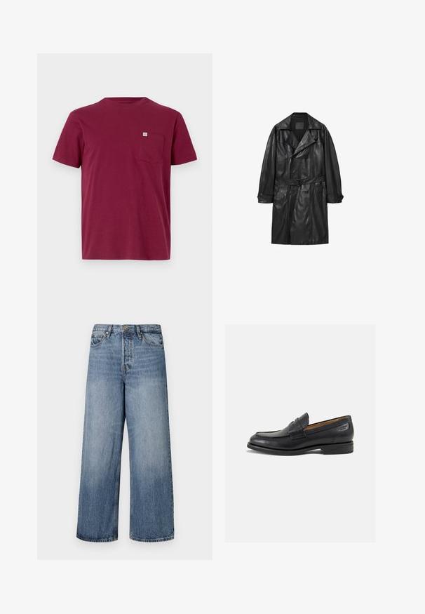 Svart läder trenchcoat med dubbelknäppt design, breda slag, midjebälte och knäppte ärmar. Slät textur, knälång.; Burgundy bomullströja med rundad hals, korta ärmar och en vänster bröstficka. Har en liten varumärkesetikett på fickan.; Breda blå denimjeans med en urtvättad look, femficksdesign och knäppning med knapp. Utrustade med bälteshällor och sydda detaljer.; Svarta läder loafers med en slät ytfinish, rund tå och dekorativ sömnad på vampen. Låg staplad klack och lätt glans.