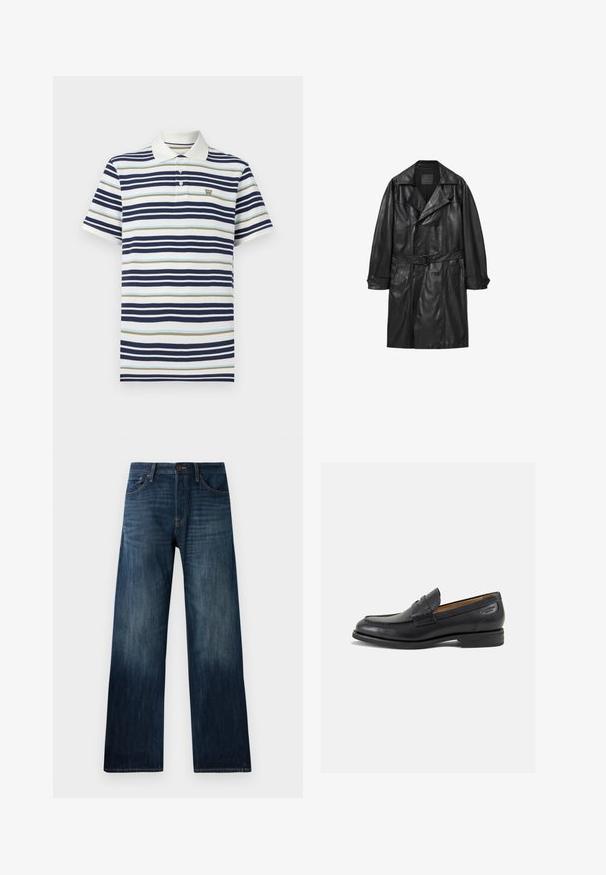 Čierny kožený trenčkot s dvojsmerným dizajnom, širokými klopami, opaskom v páse a gombíkovými manžetami. Hladká textúra, dĺžka po kolená.; Polo tričko so pruhmi v námorníckej modrej, svetlomodrej a béžovej farbe. Bavlnený materiál s klasickým golierom a zapínaním na tri gombíky. Malé logo na hrudi.; Tmavomodré džínsy s rovnými nohavicami, s ľahkou textúrou, pútkami na opasok a klasickým päť vreckovým dizajnom.; Čierne kožené mokasíny s hladkým povrchom, zaoblenou špičkou a dekoratívnym prešívaním na prednej časti. Nízky kokteilový opätok a jemný lesk.