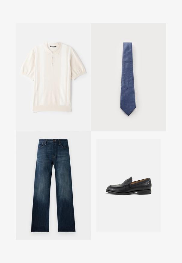 Musta nahkatrenssitakki, jossa on kaksirivinen muotoilu, leveät kaulukset, vyötärölle solmittava vyö ja napilliset hihansuut. Sujuva pinta, polven pituinen.; Kermainen lyhythihainen piikkopaita, jossa on sileä pinta. Paidassa on kolme nappia, herkät pystysuorat raidat ja klassinen kaulussuunnittelu.; Tummansiniset farkut suoran lahkeiden muotoilulla, joissa on kevyt rakenne, vyölenkit ja klassinen viiden taskun tyyli.; Mustat nahkaloaferit, joissa on sileä pinta, pyöreä varvas ja koristeompeleet varpaansuojassa. Matala pinottu korko ja hieno kiilto.; Sininen raidallinen solmio, jossa on vinonauha, valmistettu sileästä kankaasta ja terävästä päästä. Raidat vuorottelevat hieman tummemmassa sävyssä.