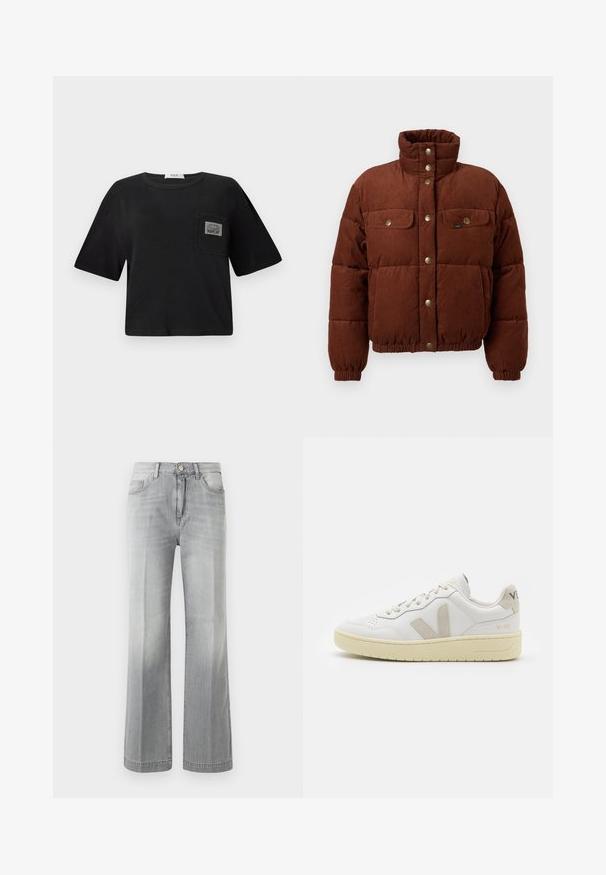 Pruunist korduurkangast puffjakist kõrge kaelusega, nööbid, kaks rinnaTaskut ja elastsed mansetid mugavaks istuvuseks.; Must.have must.kohandatud t-särk, mis on valmistatud puuvillast, ringja kaeluse ja lühikeste varrukatega. Sisaldab patšokotti koos "REPLAY" sildiga.; Hall gray laihted teksad denimist, millel on kulunud välimus, ees olevad taskud ja nööbiklapp. Sile tekstuur ja ühtlane õmblus.; Valge nahast tenniseking, millel on beežist siidist aktsent ja aukudega varvas, lame paelad ja tekstureeritud koorevärvi tallad. Omab nüansirikast brändimist kannal.