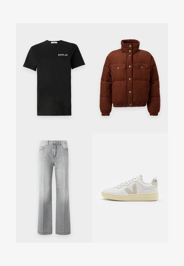 Ruda kordūrinė pūkinė striukė su aukštu apykakle, spaudėmis, dviem krūtinės kišenėmis ir elastiniais rankogaliais, kad būtų patogiai prigludusi.; Juodas medvilnės marškinėliai su trumpomis rankovėmis, ant kairiojo krūtinės puikuojasi baltas "REPLAY" logotipas. Klasikinio apvalaus kaklo dizainas.; Pilki platūs džinsai, pagaminti iš džinsinio audinio, su išblukusiu įvaizdžiu, priekinių kišenių ir mygtukų užsegimu. Lygus paviršius ir tolygūs siūlės.; Balti odiniai sportbačiai su kreminiais zomšos akcentais, perforuota pirštų dalimi, plokščiomis raišteliais ir struktūruota kreminėmis padomis. Ant kulno yra subtilus ženklinimas.
