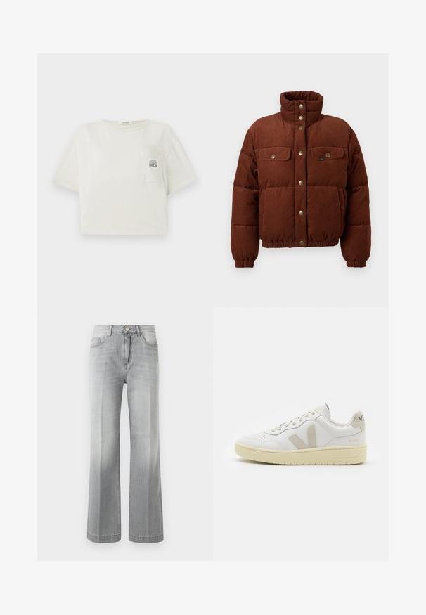Hnedá kordurová puffer bunda s vysokým golierom, patentkami, dvoma náprsníkovými vreckami a elastickými manžetami pre pevné uchytenie.; Zastrihnuté tričko s krátkymi rukávmi v off-white bavlne. Má prednú vrecko s potlačou loga a okrúhly výstrih. Hladká textúra.; Sivé široké džínsy vyrobené z denimu, s vyblednutým vzhľadom, prednými vreckami a zapínaním na gombíky. Hladká textúra a rovnomerné švy.; Biele kožené tenisky s béžovými semišovými akcentmi, perforovanou špičkou, plochými šnúrkami a textúrovanou krémovou podrážkou. Obsahujú jemné označenie na päte.
