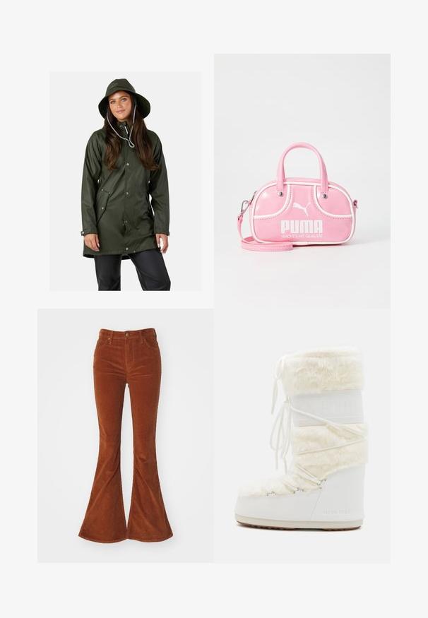 Swedemount VÄDERÖARNA oliwkowy; Różowa koszulka w panterkę z krótkimi rękawami, z okrągłym dekoltem i kontrastującymi różowymi mankietami, wykonana z miękkiego, elastycznego materiału.; Brązowe spodnie z sztruksu w fasonie dzwonowym z pięcioma kieszeniami, z zapięciem na guzik z przodu oraz fakturowanym materiałem. Charakteryzują się szerokimi nogawkami.; Białe Moon Boot z futrzanym wierzchem, sznurowanym przodem i gumową podeszwą. Teksturowane wykończenie i wytłoczone logo z boku. Masywna, wyściełana konstrukcja.; Różowa sztuczna torba o zaokrąglonym kształcie, z podwójnymi uchwytami, odczepianym paskiem, białymi akcentami oraz wyraźnym białym logo z przodu.; Srebrne kolczyki w formie kółek o gładkim, polerowanym wykończeniu. O okrągłym kształcie i pewnym zapięciu na klik. Lekka konstrukcja odpowiednia do codziennego noszenia.