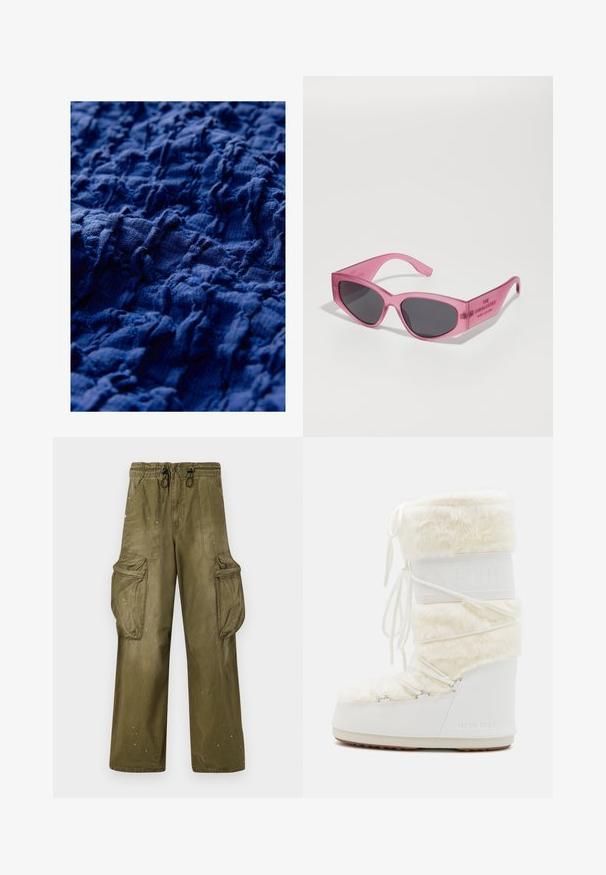 Swedemount VÄDERÖARNA - Regenjacke / wasserabweisende Jacke - olive; Texturiertem marineblauen Stoff mit einer zerknitterten Struktur und ungleichmäßigen Rillen, die eine variierte Oberflächentiefe und ein weiches, gewebtes Aussehen zeigen.; Olivgrüne Cargo-Hosen mit lässiger Passform, elastischem Bund, Kordelzug, zwei seitlichen Taschen und zwei großen Cargo-Taschen. Leichte Abnutzung.; Weiße Moon Boots mit Kunstfell-Obermaterial, Schnürung vorne und Gummisohle. Strukturiertes Finish und geprägtes Logo an der Seite. Chunky, gepolstertes Design.; Rosa transparente Sonnenbrille mit kantiger, katzenaugenförmiger Form, dunklen getönten Gläsern und geprägtem Text an der Bügel, der "DIE SONNENBRILLE" liest.; Rosa synthetische Handtasche mit runder Form, doppelten Griffen, abnehmbarem Schultergurt, weißen Akzenten und einem auffälligen weißen Logo auf der Vorderseite.