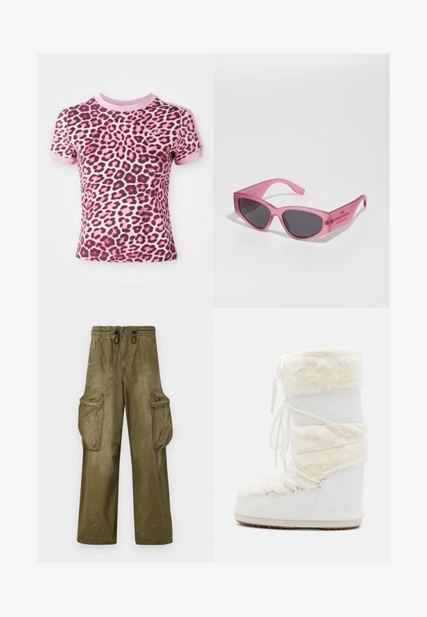 Swedemount VÄDERÖARNA - Waterproof jacket - olive; Pink leopard print t-shirt with short sleeves, featuring a rounded neckline and contrasting pink cuffs, made from soft, stretchy material.; Olive green cargo pants with a relaxed fit, elastic waistband, drawstring, two side pockets, and two large cargo pockets. Light distressing.; White Moon Boot with faux fur upper, lace-up front, and rubber sole. Textured finish and embossed logo on side. Chunky, padded design.; Pink transparent sunglasses with angular, cat-eye shape, dark tinted lenses, and embossed text on the temple reading "THE SUNGLASSES."