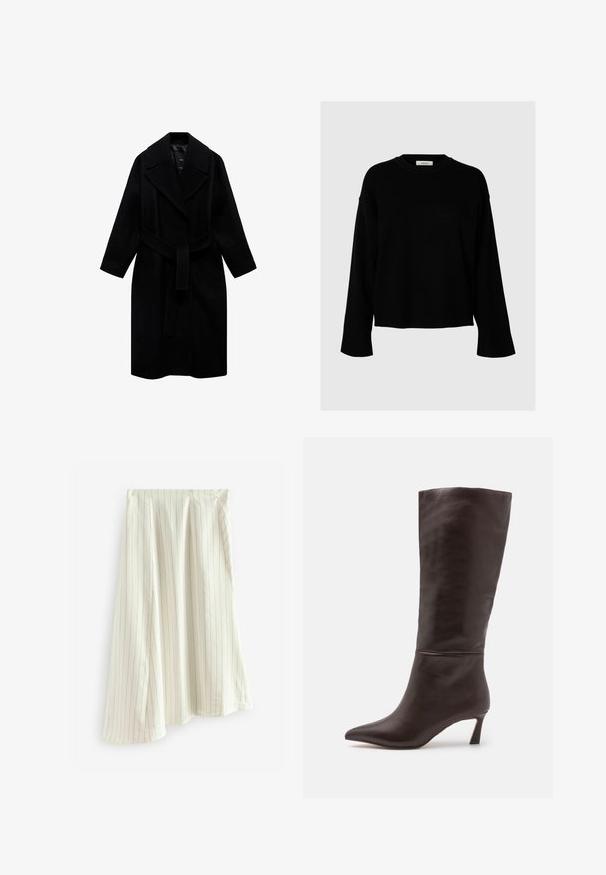 Musta villakangastakki, jossa on lovellinen kaulus, vyötärölle sidottava vyö ja keskipitkä malli. Varustettu pitkillä hihoilla ja sileällä pinnalla.; Musta neule, jossa on löysä leikkaus, pitkät hihat, pyöreä pääntie ja ribbaus hihansuissa, valmistettu pehmeästä, teksturoidusta kankaasta.; Valkoinen t-paita, joka on valmistettu puuvillasta, pyöreällä pääntiellä, lyhyillä hihoilla ja rentona istuvuutena. Suora pinta ilman kuvioita tai koristeluita.; Valkoinen raidallinen hame, joka on valmistettu kevyestä kankaasta ja jossa on päinvastaisessa värissä olevia pystysuoria viivoja. Hameen malli on laskeutuva A-linjainen.; Steve Madden LAVAN - Saappaat - brown