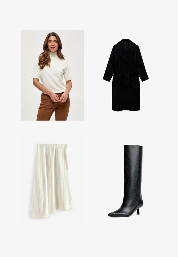 Black wool coat with a notched collar, belted waist, and mid-length design. Features long sleeves and a smooth texture.; Black sweater featuring a loose fit, long sleeves, a round neckline, and ribbed cuffs, made from soft, textured fabric.; White short-sleeve turtleneck sweater made from a soft fabric, featuring ribbed detailing on the collar and sleeves, paired with brown pants.; White pinstriped skirt made from lightweight fabric, featuring vertical lines in a contrasting color, with a flowing A-line design.; Black knee-high boot made from textured leather. Features a pointed toe and a small, flared heel. Sleek, smooth design with minimal accents.