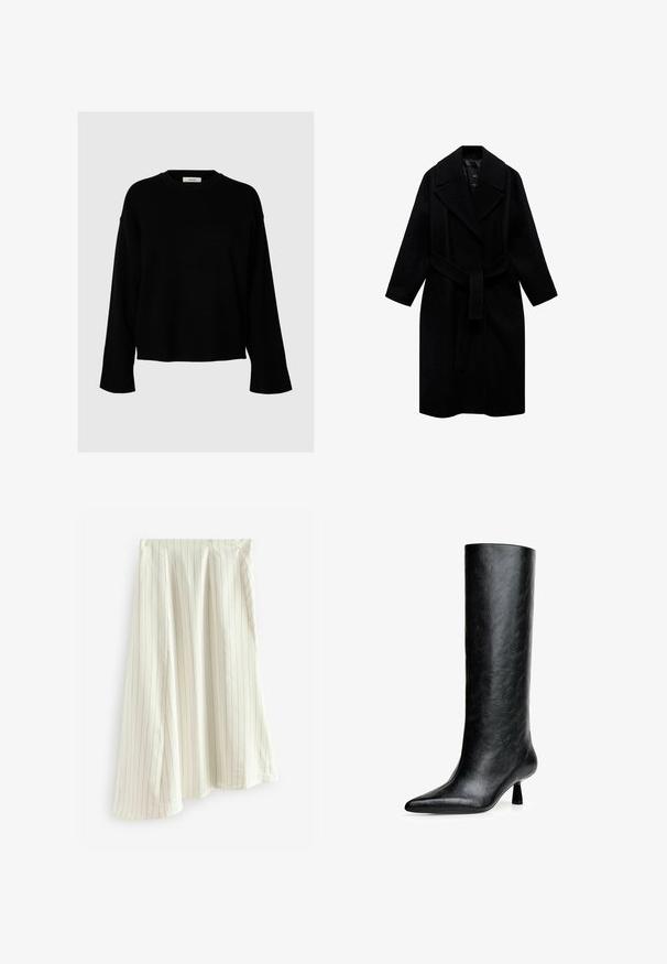Crni vuneni kaput s ovratnikom urezanim u oblik, s pojasom u struku i srednjom dužinom. Ima duge rukave i glatku teksturu.; Crni pulover s opuštenim krojem, dugim rukavima, okruglim izrezom i rebrastim manžetama, izrađen od mekanog, strukturiranog materijala.; Obična bijela majica od pamuka s okruglim izrezom, kratkim rukavima i ležernim krojem. Glatka tekstura bez uzoraka ili dodataka.; Bijela suknja s prugicama od lagane tkanine, s vertikalnim crtama u kontrastnoj boji, s lepršavim A-linijskim dizajnom.; Crne čizme do koljena od teksturirane kože. Imaju špicasti vrh i mali, rašireni potplat. Elegantnog su, glatkog dizajna s minimalnim naglascima.