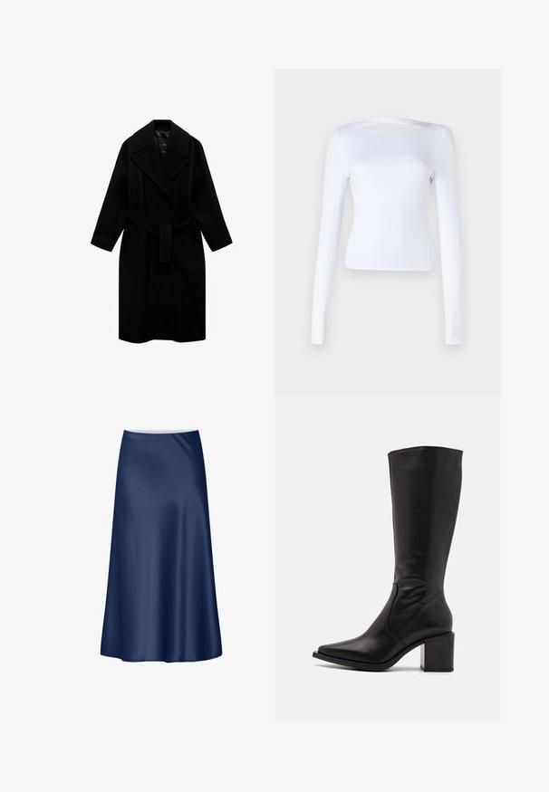 Svart ullrock med notched krage, bälte i midjan och medellång design. Har långa ärmar och en slät yta.; Vit långärmad topp med fyrkantig halsringning och urtagning på baksidan. Tillverkad av ett glatt, stretchigt tyg. Tight passform.; Marinblå siden A-linje kjol med en slät textur, flödande design och en mellanlång klippning. Har en ren midjeband utan ytterligare detaljer.; Zign LEATHER - Stövel - black