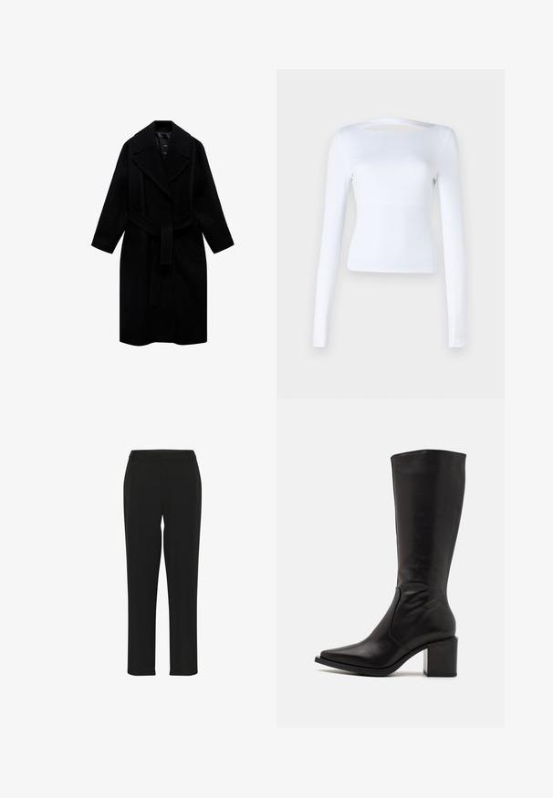 Black wool coat with a notched collar, belted waist, and mid-length design. Features long sleeves and a smooth texture.; White long-sleeve top with a square neckline and cutout detail at the back. Made from a smooth, stretchy fabric. Fitted design.; Black trousers with a straight-leg design, featuring a smooth texture, fitted waistband, and no visible embellishments or patterns.; Zign LEATHER - Boots - black