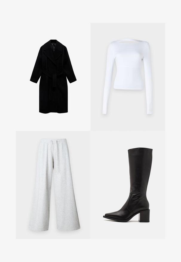 Crni vuneni kaput s ovratnikom urezanim u oblik, s pojasom u struku i srednjom dužinom. Ima duge rukave i glatku teksturu.; Bijela majica s dugim rukavima, kvadratnim izrezom i izrezom na leđima. Izrađena je od glatkog, rastezljivog materijala. Prilagođeni dizajn.; Svijetlosivi široki trenirke s remenom, izrađene od mekanog, teksturiranog materijala. Imaju slobodan kroj i bez uzoraka.; Zign LEATHER - Čizme - black