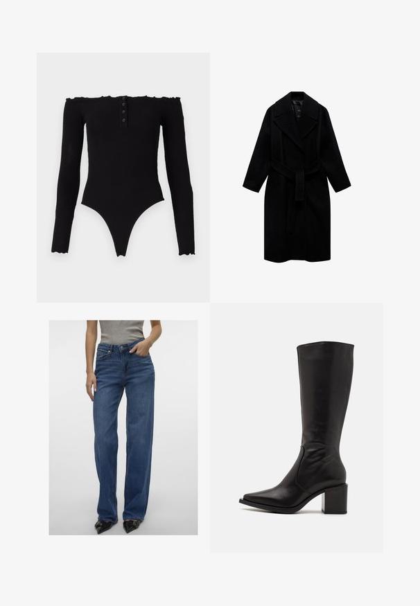 Musta villakangastakki, jossa on lovellinen kaulus, vyötärölle sidottava vyö ja keskipitkä malli. Varustettu pitkillä hihoilla ja sileällä pinnalla.; Musta off-shoulder bodysuit pitkien hihojen kanssa, ribbien tekstuurilla, nappilista ja aaltoilevat reunat. Suunniteltu korkeakutisten lahkeiden kanssa.; Vaaleansiniset korkeavyötäröiset suorat farkut, denim-materiaalia, joissa on etutaskut, nappi- ja vetoketjusuljenta sekä hillitty haalistuminen.; Zign LEATHER - Saappaat - black