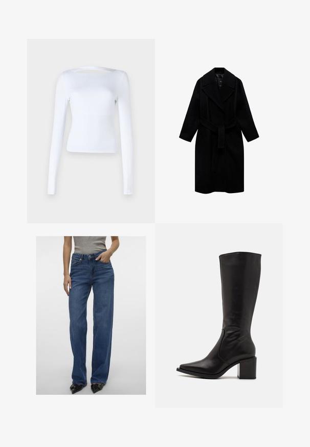 Musta villakangastakki, jossa on lovellinen kaulus, vyötärölle sidottava vyö ja keskipitkä malli. Varustettu pitkillä hihoilla ja sileällä pinnalla.; Valkoinen pitkähihaisuus paita, jossa on neliömäinen kaula-aukko ja leikattu yksityiskohta selässä. Valmistettu sileästä ja joustavasta kankaasta. Tiukka malli.; Vaaleansiniset korkeavyötäröiset suorat farkut, denim-materiaalia, joissa on etutaskut, nappi- ja vetoketjusuljenta sekä hillitty haalistuminen.; Zign LEATHER - Saappaat - black
