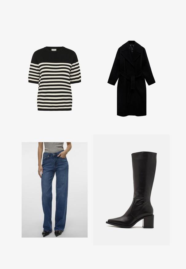Schwarzer Wollmantel mit Reverskragen, tailliertem Schnitt und mittellanger Passform. Verfügt über lange Ärmel und eine glatte Textur.; Schwarzes und weißes gestreiftes Strick-T-Shirt mit rundem Halsausschnitt und kurzen Ärmeln. Horizontale Streifen wechseln sich gleichmäßig ab und schaffen ein kräftiges Design.; Helle blaue, hoch taillierte Jeans mit geradem Bein, aus Denim-Material, mit vorderen Taschen, einem Knopf- und Reißverschluss und subtilen Verfärbungen.; Zign LEATHER - Stiefel - black