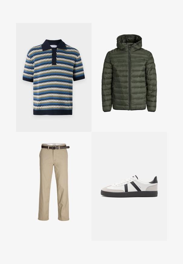 Veste rembourrée en vert olive, avec capuche, fermeture éclair intégrale et texture matelassée horizontale. Deux poches latérales. Ourlet et poignets noirs.; Sweatshirt gris à manches longues avec un col rond, portant le texte "SURPLUS DNM" imprimé en noir sur la poitrine et une petite étiquette blanche près de l'ourlet.; Polo à manches courtes avec un motif en zigzag bleu, vert et blanc. Doté d'un col marine et d'une patte de boutonnage à trois boutons. Texture tricotée.; Pantalons en cotonbeige à coupe droite, avec passants de ceinture, une ceinture en cuir marron et un design classique. Texture lisse et robuste.; Baskets blanches avec des accents noirs et gris, présentant un embout texturé gris, une semelle en caoutchouc noir et des lacets plats blancs. Design épuré, style minimaliste.