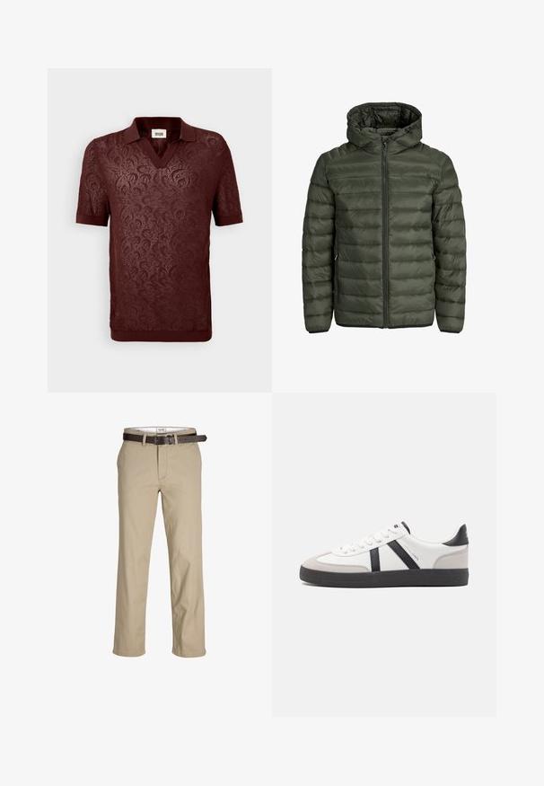 Padded bunda v olivově zelené barvě, s kapucí, plným zipem a horizontálně prošívaným vzorem. Dvě boční kapsy. Černý lem a manžety.; Šedá dlouhá mikina s kulatým výstřihem a dlouhým rukávem, na prsou je černým písmem vytištěn nápis "SURPLUS DNM" a blízko lemu je malá bílá etiketa.; Burgundské polo tričko s krátkým rukávem, které má texturovanou květinovou krajku, s výstřihem do V a žebrovaným límcem a lemem.; Béžové bavlněné kalhoty s rovný střih, s poutky na pásek, hnědým koženým páskem a klasickým designem. Hladká, pevná textura.; Bílé tenisky s černými a šedými akcenty, opatřené texturovaným šedým prstovým krytem, černou gumovou podrážkou a plochými bílými tkaničkami. Čistý design, minimalistický styl.