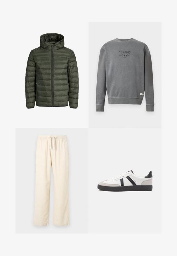 Padded jacket in olive green, featuring a hood, full zip closure, and horizontal quilted texture. Two side pockets. Black hem and cuffs.; Grey long-sleeve crewneck sweatshirt with "SURPLUS DNM" text printed in black on the chest and a small white label near the hem.; Linen blend wide-leg pants in off-white, featuring an elastic waistband with a drawstring. Smooth texture and full-length design.; White sneaker with black and gray accents, featuring a textured gray toe cap, black rubber sole, and flat white laces. Clean design, minimalist style.
