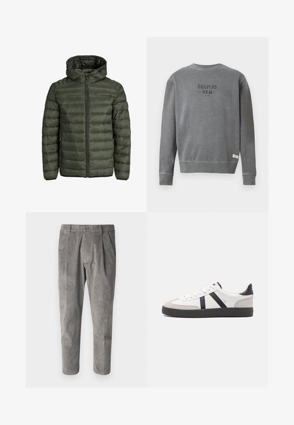 Veste rembourrée en vert olive, avec capuche, fermeture éclair intégrale et texture matelassée horizontale. Deux poches latérales. Ourlet et poignets noirs.; Sweatshirt gris à manches longues avec un col rond, portant le texte "SURPLUS DNM" imprimé en noir sur la poitrine et une petite étiquette blanche près de l'ourlet.; Pantalons en velours côtelé gris avec un motif de rayures verticales texturé, dotés d'une fermeture par bouton et de deux poches latérales. Coupe ajustée et longueur raccourcie.; Baskets blanches avec des accents noirs et gris, présentant un embout texturé gris, une semelle en caoutchouc noir et des lacets plats blancs. Design épuré, style minimaliste.