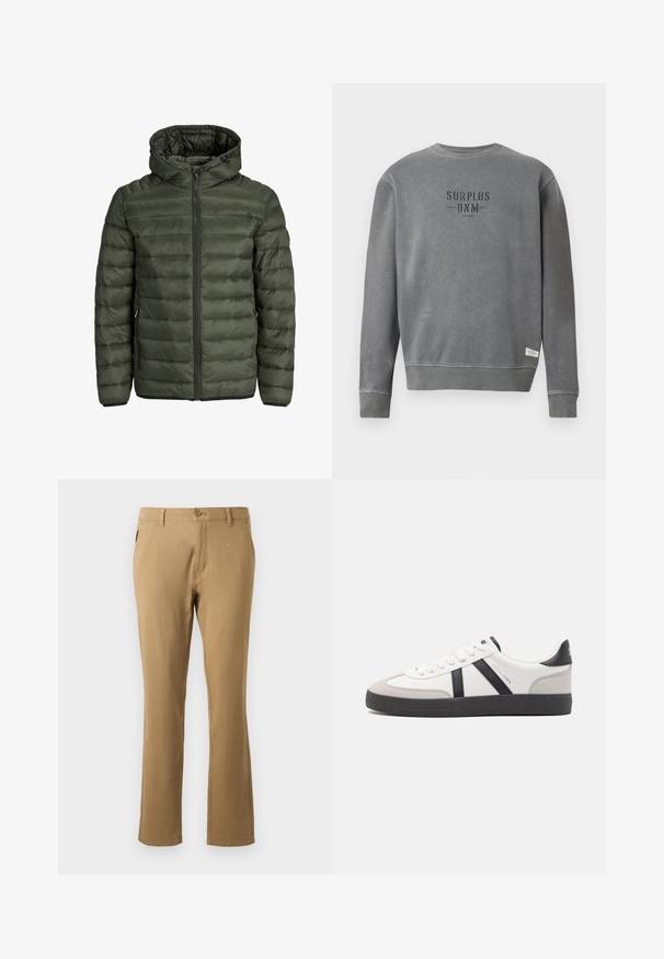 Padded jacket in olive green, featuring a hood, full zip closure, and horizontal quilted texture. Two side pockets. Black hem and cuffs.; Grey long-sleeve crewneck sweatshirt with "SURPLUS DNM" text printed in black on the chest and a small white label near the hem.; Beige chinos with a straight-leg design, made from cotton, featuring a single front button closure and side pockets. Smooth texture.; White sneaker with black and gray accents, featuring a textured gray toe cap, black rubber sole, and flat white laces. Clean design, minimalist style.