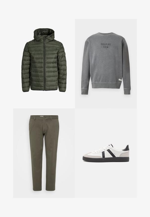 Olivegrüne gepolsterte Jacke mit Kapuze, durchgehendem Reißverschluss und horizontaler Steppoptik. Zwei Seitentaschen. Schwarzer Saum und Bündchen.; Grau langärmliger Crewneck-Sweatshirt mit in Schwarz auf der Brust gedrucktem "SURPLUS DNM"-Text und einem kleinen weißen Etikett nahe dem Saum.; Olivgrüne Hosen aus einem Baumwollmischgewebe. Gerade Beinweite mit flachem Vorderteil, Knopfverschluss und Gürtelschlaufen. Glatte Textur.; Weiße Sneaker mit schwarz- und grau-aczenten, ausgestattet mit einer strukturierten grauen Zehenkappe, schwarzer Gummi-Sohle und flachen weißen Schnürsenkeln. Sauberes Design, minimalistische Stil.