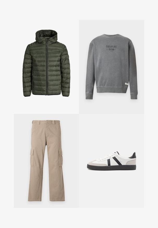 Padded jacket in olive green, featuring a hood, full zip closure, and horizontal quilted texture. Two side pockets. Black hem and cuffs.; Grey long-sleeve crewneck sweatshirt with "SURPLUS DNM" text printed in black on the chest and a small white label near the hem.; Beige cargo pants made of cotton with a straight leg design, featuring two cargo pockets on the sides and a button closure at the waist.; White sneaker with black and gray accents, featuring a textured gray toe cap, black rubber sole, and flat white laces. Clean design, minimalist style.