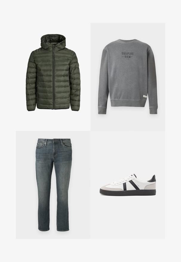 Žalia alyvuogių spalvos pūkinė striukė su kapišonu, pilnu užtrauktuku ir horizontaliu siuvinėtu raštu. Du šoniniai kišeniai. Juodas apvadas ir rankogaliai.; Pilkas ilgomis rankovėmis kreminis megztinis su juoda „SURPLUS DNM“ užrašu ant krūtinės ir maža balta etikete arti apačios.; Tiesūs mėlyni džinsai su šiek tiek išblukusiais šlaunimis ir keliais, priekinis užsegimas su mygtuku ir užtrauktuku, penkių kišenių dizainas.; Balti sportbačiai su juodais ir pilkais akcentais, pasižymintys tekstūruotu pilku pirštų dangteliu, juoda gumine padais ir plokščiomis baltomis raišteliais. Švarus dizainas, minimalistinis stilius.