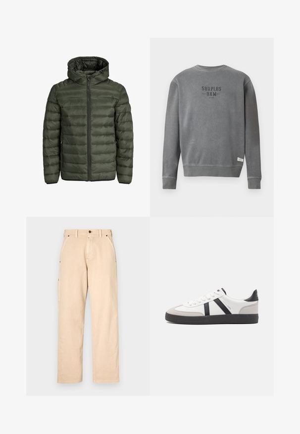 Padded jakna u maslinastoj boji, s kapuljačom, punim zatvaračem i horizontalno kvasenjem. Džepovi sa strane. Crni rub i manžetne.; Sivi dukserica dugih rukava s okruglim izrezom s natpisom "SURPLUS DNM" ispisanim crnom bojom na prsima i malom bijelom etiketom blizu rubnog dijela.; Bež hlače od pamuka ravnog kroja, s bočnim džepovima, petljama za remen i prednjim kopčanjem na gumb. Glatka tekstura, minimalistički dizajn.; Bijele tenisice s crnim i sivim detaljima, s teksturiranim sivim zaštitnikom prstiju, crnim gumene potplate i ravnim bijelim vezicama. Čist dizajn, minimalistički stil.