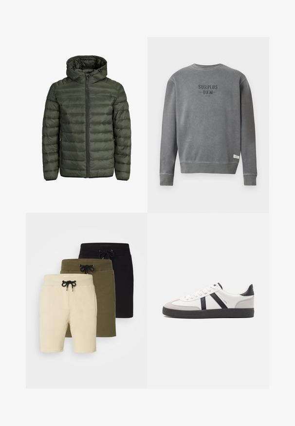 Padded jakna u maslinastoj boji, s kapuljačom, punim zatvaračem i horizontalno kvasenjem. Džepovi sa strane. Crni rub i manžetne.; Sivi dukserica dugih rukava s okruglim izrezom s natpisom "SURPLUS DNM" ispisanim crnom bojom na prsima i malom bijelom etiketom blizu rubnog dijela.; Tri par kratkih hlača u bež, maslinasto zelenoj i crnoj boji. Svaka ima pojas s vezicom i džepove, izrađene su od mekog, rastezljivog materijala.; Bijele tenisice s crnim i sivim detaljima, s teksturiranim sivim zaštitnikom prstiju, crnim gumene potplate i ravnim bijelim vezicama. Čist dizajn, minimalistički stil.
