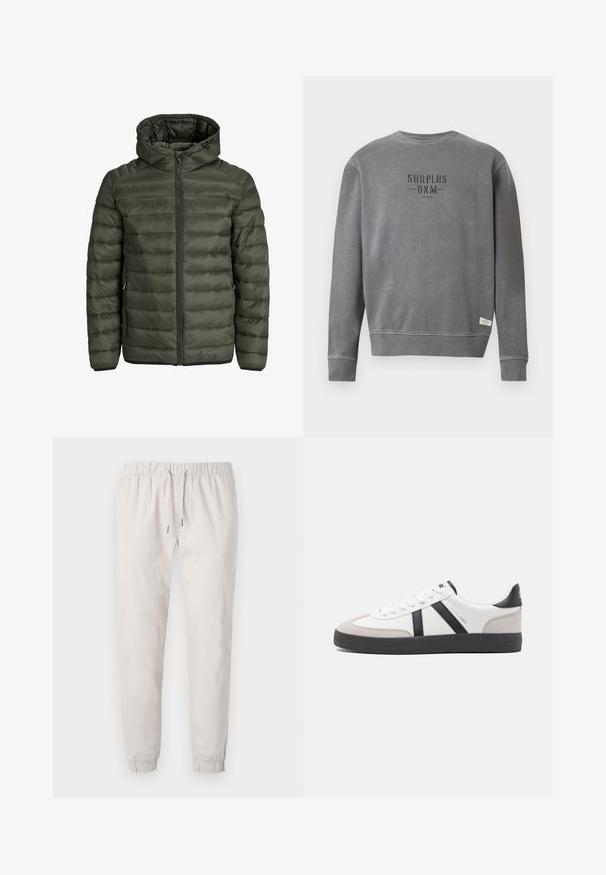 Padded jacket in olive green, featuring a hood, full zip closure, and horizontal quilted texture. Two side pockets. Black hem and cuffs.; Grey long-sleeve crewneck sweatshirt with "SURPLUS DNM" text printed in black on the chest and a small white label near the hem.; Light beige jogger pants made of soft fabric, featuring an elastic waistband with drawstring, cuffed ankles, and side pockets.; White sneaker with black and gray accents, featuring a textured gray toe cap, black rubber sole, and flat white laces. Clean design, minimalist style.