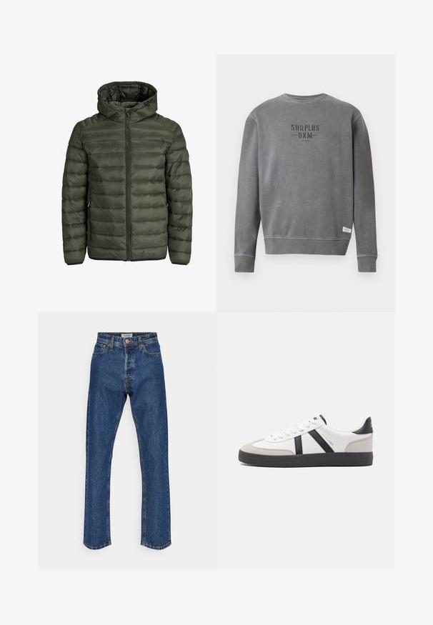 Olive roheline pehme jope, millel on kapuuts, täispikk tõmblukk ja horisontaalne viicitikand. Kaks küljetaskut. Must äär ja varrukad.; Hall koosvärvi pika varrukaga crewneck pluus, mille rinnal on musta värvi "SURPLUS DNM" tekst ja allääres väike valge silt.; Tumedatest denimist valmistatud teksad, millel on kõrge vöökoht ja sirge jalg. Omab nööbiga sulgemist, viit taskut ja kontrastset õmblust.; Valged tossud mustade ja hallide aktsentidega, tekstureeritud halli varbakattega, musta kummitald ja lamedad valged paelad. Puhtad jooned, minimalistlik stiil.