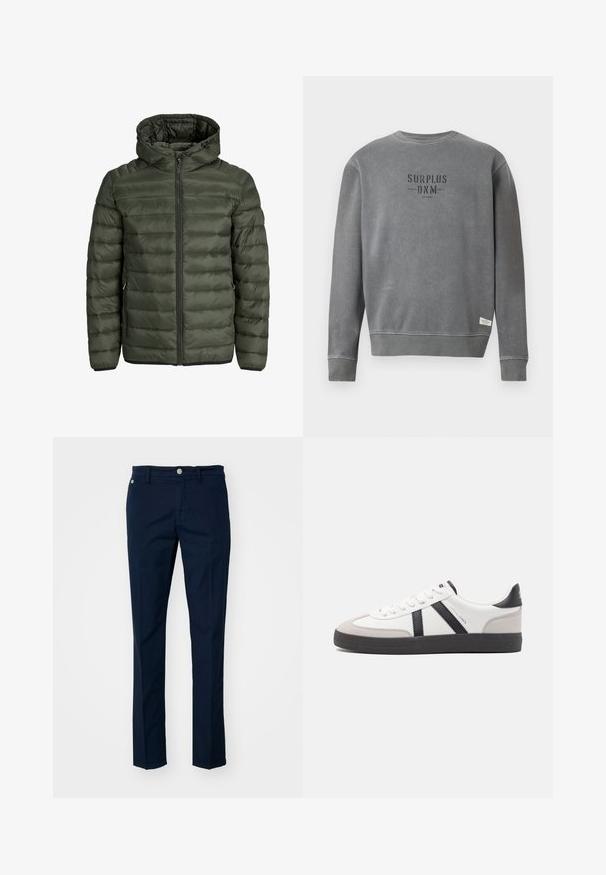 Giubbotto imbottito verde oliva, dotato di cappuccio, chiusura con zip intera e texture trapuntata orizzontale. Due tasche laterali. Orlo e polsini neri.; Felpa grigia a maniche lunghe con collo rotondo, con la scritta "SURPLUS DNM" stampata in nero sul petto e un piccolo etichetta bianca vicino all'orlo.; Pantaloni blu navy in cotone, con design a gamba dritta, tasche frontali e un bottone a contrasto. Texture liscia, dettagli minimi.; Sneaker bianco con accenti neri e grigi, dotata di una punta grigia testurizzata, suola in gomma nera e lacci bianchi piatti. Design pulito, stile minimalista.