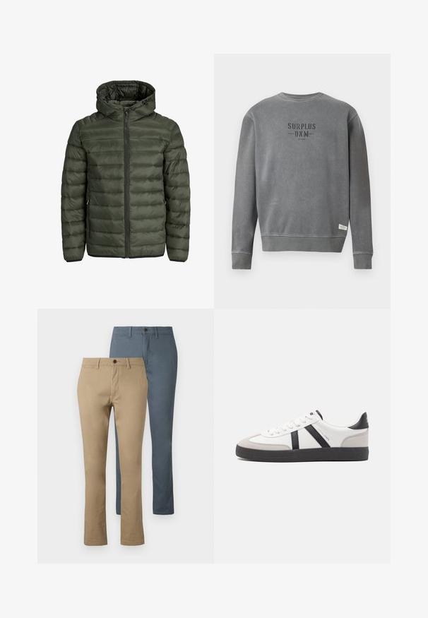 Gevoerde jas in olijfgroen, met een capuchon, volledige ritssluiting en horizontale gestepte structuur. Twee zijzakken. Zwarte rand en manchetten.; Grijze lange mouwen crewneck sweatshirt met "SURPLUS DNM" tekst in zwart gedrukt op de borst en een klein wit label nabij de zoom.; Twee paren rechte broek: één in kaki en één in donkerblauw. Gemaakt van katoen; heeft een tailleband en knoopsluiting.; Witte sneaker met zwarte en grijze accenten, voorzien van een grijze neus met textuur, zwarte rubberen zool en platte witte veters. Schoon ontwerp, minimalistische stijl.