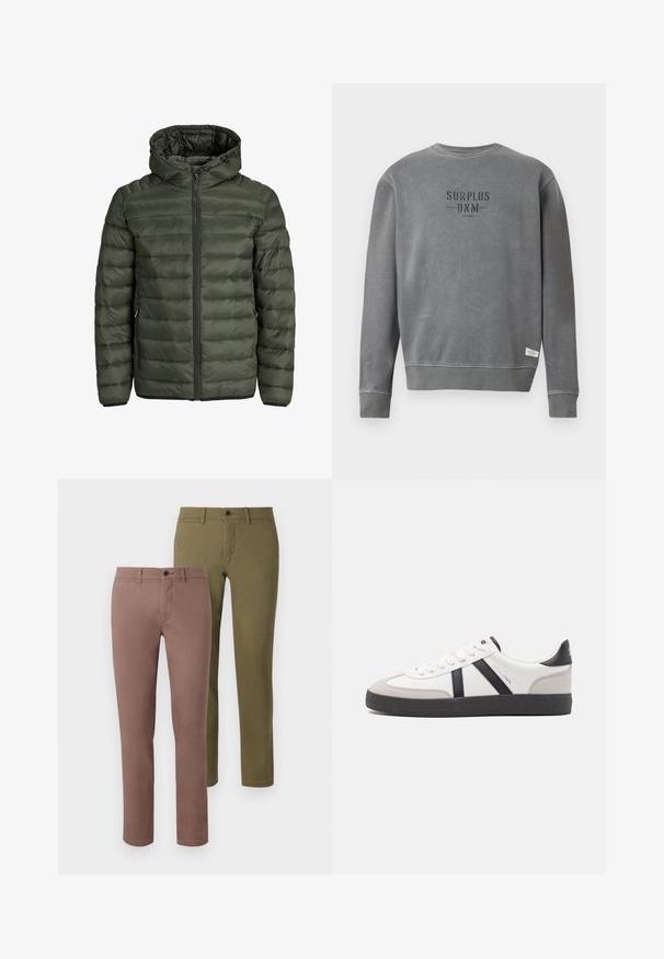 Olivegrüne gepolsterte Jacke mit Kapuze, durchgehendem Reißverschluss und horizontaler Steppoptik. Zwei Seitentaschen. Schwarzer Saum und Bündchen.; Grau langärmliger Crewneck-Sweatshirt mit in Schwarz auf der Brust gedrucktem "SURPLUS DNM"-Text und einem kleinen weißen Etikett nahe dem Saum.; Zwei Paare von schmal geschnittenen Hosen: eine in einem gedämpften Braun und die andere in Olivgrün. Beide haben klare Linien und normale Taillenbunde mit Knöpfen.; Weiße Sneaker mit schwarz- und grau-aczenten, ausgestattet mit einer strukturierten grauen Zehenkappe, schwarzer Gummi-Sohle und flachen weißen Schnürsenkeln. Sauberes Design, minimalistische Stil.