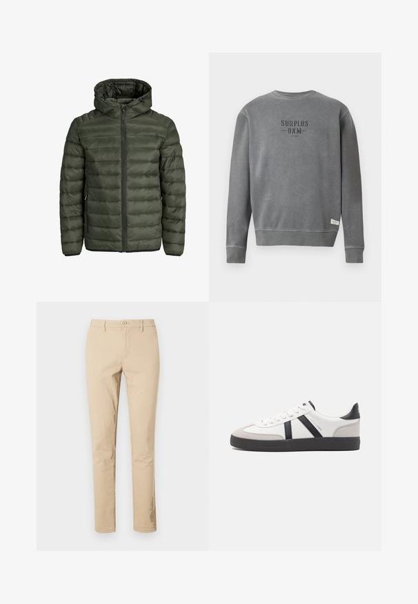 Olivegrüne gepolsterte Jacke mit Kapuze, durchgehendem Reißverschluss und horizontaler Steppoptik. Zwei Seitentaschen. Schwarzer Saum und Bündchen.; Grau langärmliger Crewneck-Sweatshirt mit in Schwarz auf der Brust gedrucktem "SURPLUS DNM"-Text und einem kleinen weißen Etikett nahe dem Saum.; Beige Baumwollhosen mit klassischem Schnitt, Reißverschluss mit Knopfverschluss, Gürtelschlaufen und sauberen Säumen. Keine sichtbaren Muster oder Akzente.; Weiße Sneaker mit schwarz- und grau-aczenten, ausgestattet mit einer strukturierten grauen Zehenkappe, schwarzer Gummi-Sohle und flachen weißen Schnürsenkeln. Sauberes Design, minimalistische Stil.