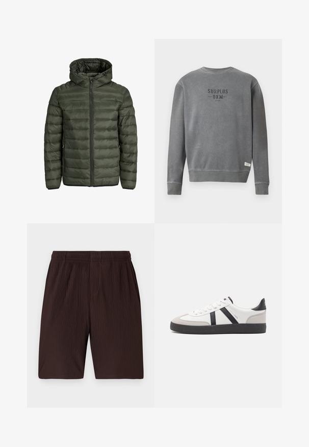 Giubbotto imbottito verde oliva, dotato di cappuccio, chiusura con zip intera e texture trapuntata orizzontale. Due tasche laterali. Orlo e polsini neri.; Felpa grigia a maniche lunghe con collo rotondo, con la scritta "SURPLUS DNM" stampata in nero sul petto e un piccolo etichetta bianca vicino all'orlo.; Shorts marroni a pieghe con vita elasticizzata e tasche, realizzati in tessuto leggero. La lunghezza arriva poco sopra il ginocchio.; Sneaker bianco con accenti neri e grigi, dotata di una punta grigia testurizzata, suola in gomma nera e lacci bianchi piatti. Design pulito, stile minimalista.