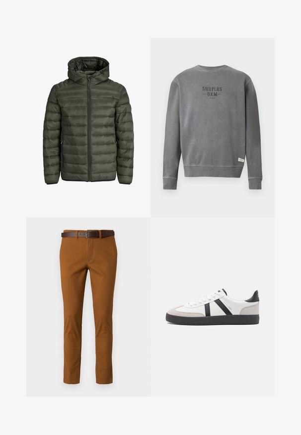 Padded jacket in olive green, featuring a hood, full zip closure, and horizontal quilted texture. Two side pockets. Black hem and cuffs.; Grey long-sleeve crewneck sweatshirt with "SURPLUS DNM" text printed in black on the chest and a small white label near the hem.; Brown cotton trousers with a slim fit, featuring a brown leather belt and subtle stitching details. Smooth texture and tailored shape.; White sneaker with black and gray accents, featuring a textured gray toe cap, black rubber sole, and flat white laces. Clean design, minimalist style.