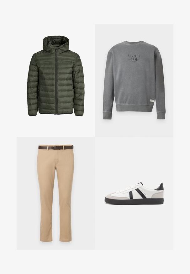 Olíva zöld párnázott kabát, kapucnival, teljes cipzárral és vízszintes steppelt textúrával. Két oldalsó zseb. Fekete szegély és mandzsetta.; Szürke, hosszú ujjú, kerek nyakú pulóver, melyen a "SURPLUS DNM" felirat feketével van nyomtatva a mellrészen, és egy kis fehér címke található a szegés közelében.; Antracitnadrágszínű egyenes szabású vászon nadrág, pamutból készült, barna bőrövből ezüstcsattal. Simaságot árasztó felület, minta nélkül.; Fehér sneaker fekete és szürke részletekkel, textúrált szürke orr résszel, fekete gumitalppal és lapos fehér fűzőkkel. Tiszta dizájn, minimalista stílus.