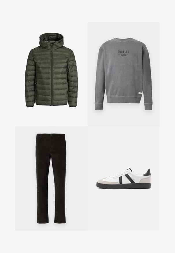 Veste rembourrée en vert olive, avec capuche, fermeture éclair intégrale et texture matelassée horizontale. Deux poches latérales. Ourlet et poignets noirs.; Sweatshirt gris à manches longues avec un col rond, portant le texte "SURPLUS DNM" imprimé en noir sur la poitrine et une petite étiquette blanche près de l'ourlet.; Pantalons en velours côtelé noir avec une coupe droite, dotés d'une fermeture à un seul bouton et d'une texture subtile. Style minimaliste sans motifs visibles.; Baskets blanches avec des accents noirs et gris, présentant un embout texturé gris, une semelle en caoutchouc noir et des lacets plats blancs. Design épuré, style minimaliste.