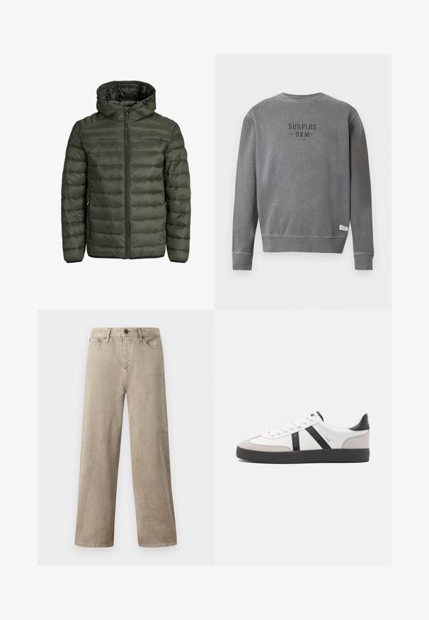 Padded jacket in olive green, featuring a hood, full zip closure, and horizontal quilted texture. Two side pockets. Black hem and cuffs.; Grey long-sleeve crewneck sweatshirt with "SURPLUS DNM" text printed in black on the chest and a small white label near the hem.; Light beige wide-leg trousers displayed against a plain white background, featuring front pockets and a button closure at the waist.; White sneaker with black and gray accents, featuring a textured gray toe cap, black rubber sole, and flat white laces. Clean design, minimalist style.