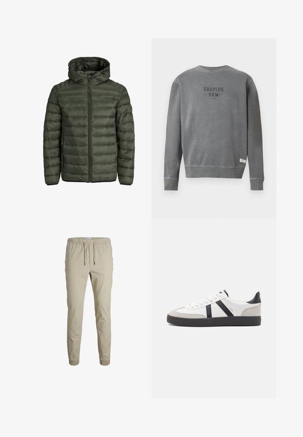 Veste rembourrée en vert olive, avec capuche, fermeture éclair intégrale et texture matelassée horizontale. Deux poches latérales. Ourlet et poignets noirs.; Sweatshirt gris à manches longues avec un col rond, portant le texte "SURPLUS DNM" imprimé en noir sur la poitrine et une petite étiquette blanche près de l'ourlet.; Jogging en beige à coupe fuselée avec une taille élastique, cordon de serrage et poignets aux chevilles, fabriqués en tissu doux. Présente une texture lisse et un design minimaliste.; Baskets blanches avec des accents noirs et gris, présentant un embout texturé gris, une semelle en caoutchouc noir et des lacets plats blancs. Design épuré, style minimaliste.