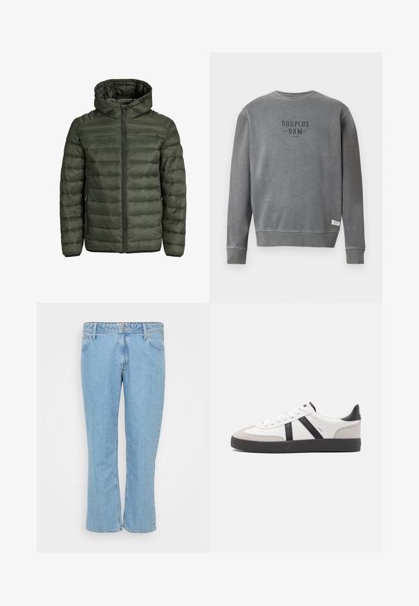 Žalia alyvuogių spalvos pūkinė striukė su kapišonu, pilnu užtrauktuku ir horizontaliu siuvinėtu raštu. Du šoniniai kišeniai. Juodas apvadas ir rankogaliai.; Pilkas ilgomis rankovėmis kreminis megztinis su juoda „SURPLUS DNM“ užrašu ant krūtinės ir maža balta etikete arti apačios.; Šviesiai mėlynos džinsinės kelnės su tiesaus kirpimo dizainu, turinčios penkių kišenių stilių ir mygtuko užsegimą ties juosmeniu.; Balti sportbačiai su juodais ir pilkais akcentais, pasižymintys tekstūruotu pilku pirštų dangteliu, juoda gumine padais ir plokščiomis baltomis raišteliais. Švarus dizainas, minimalistinis stilius.