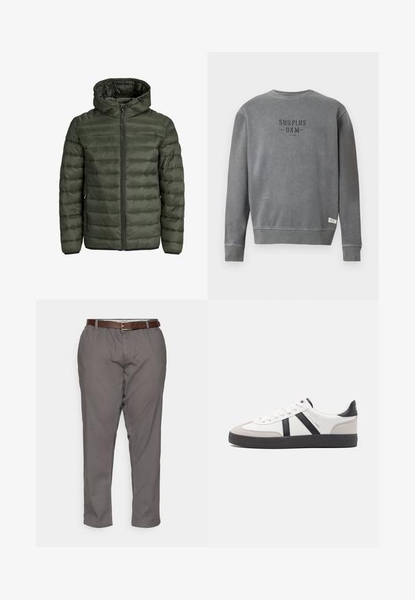 Veste rembourrée en vert olive, avec capuche, fermeture éclair intégrale et texture matelassée horizontale. Deux poches latérales. Ourlet et poignets noirs.; Sweatshirt gris à manches longues avec un col rond, portant le texte "SURPLUS DNM" imprimé en noir sur la poitrine et une petite étiquette blanche près de l'ourlet.; Pantalon gris avec une coupe décontractée, doté d'une ceinture en cuir marron, de poches latérales et d'une texture de tissu lisse. Ourlé aux chevilles.; Baskets blanches avec des accents noirs et gris, présentant un embout texturé gris, une semelle en caoutchouc noir et des lacets plats blancs. Design épuré, style minimaliste.