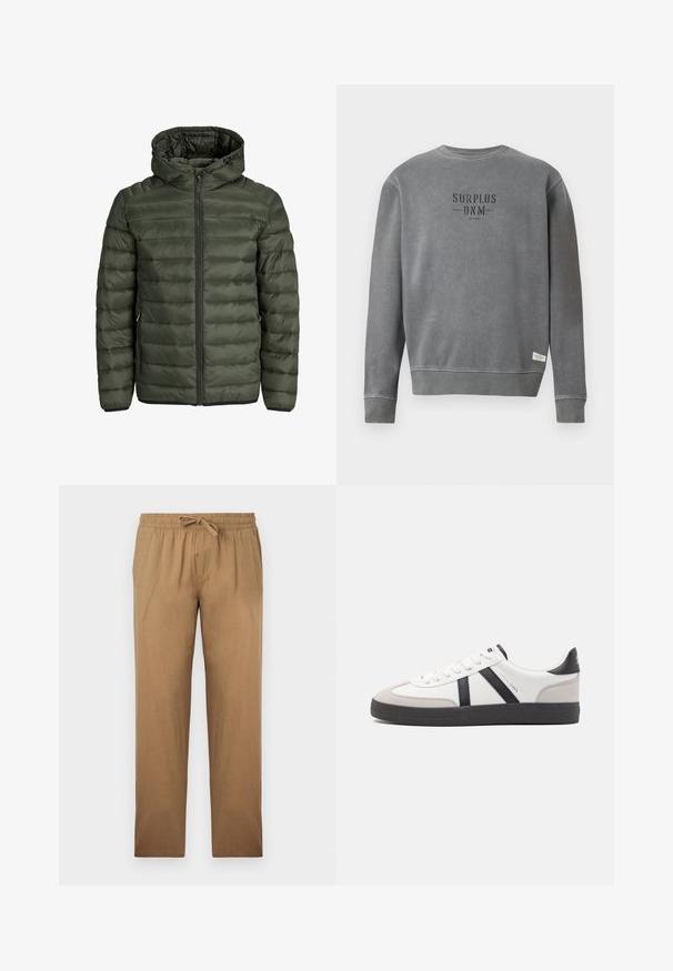Veste rembourrée en vert olive, avec capuche, fermeture éclair intégrale et texture matelassée horizontale. Deux poches latérales. Ourlet et poignets noirs.; Sweatshirt gris à manches longues avec un col rond, portant le texte "SURPLUS DNM" imprimé en noir sur la poitrine et une petite étiquette blanche près de l'ourlet.; Pantalons ample couleur brun clair, confectionnés dans un tissu doux. Ils présentent une taille élastique avec un cordon de serrage et une coupe droite.; Baskets blanches avec des accents noirs et gris, présentant un embout texturé gris, une semelle en caoutchouc noir et des lacets plats blancs. Design épuré, style minimaliste.