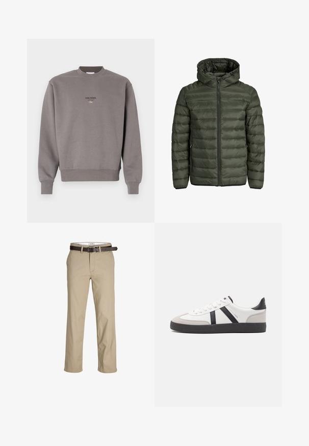 Podložena jakna v olivno zeleni barvi, s kapuco, popolnim zadrgo in horizontalno prešito teksturo. Dve stranski žepi. Črn pas in manšete.; Siva bombažna trenirka z rebrastim ovratnikom in manšetami, s temnim tiskom "ESS.WRD." na sprednji strani.; Bežna bombažna hlače s ravnim krojem, z zankami za pas, rjavim usnjenim pasom in klasičnim dizajnom. Gladka, trdna tekstura.; Bela športna obutev z črnimi in sivo akcenti, z teksturirano sivo kapico za prste, črnim gumijastim podplatom in ravnimi belimi vezalkami. Čista zasnova, minimalistični slog.