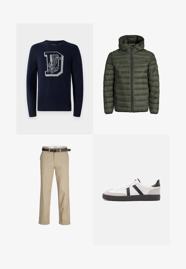 Žalia alyvuogių spalvos pūkinė striukė su kapišonu, pilnu užtrauktuku ir horizontaliu siuvinėtu raštu. Du šoniniai kišeniai. Juodas apvadas ir rankogaliai.; Tamsiai mėlynas megztinis su apvalia apykakle, su dideliu pilku 'D' ir inkaru motyvu priekyje, įribių rankovės ir apatinė dalis.; Šviesiai rudos medvilnės kelnės su tiesia kirpimo, su diržo kilpomis, rudu odiniu diržu ir klasikiniu dizainu. Lygus, tvirtas audinys.; Balti sportbačiai su juodais ir pilkais akcentais, pasižymintys tekstūruotu pilku pirštų dangteliu, juoda gumine padais ir plokščiomis baltomis raišteliais. Švarus dizainas, minimalistinis stilius.